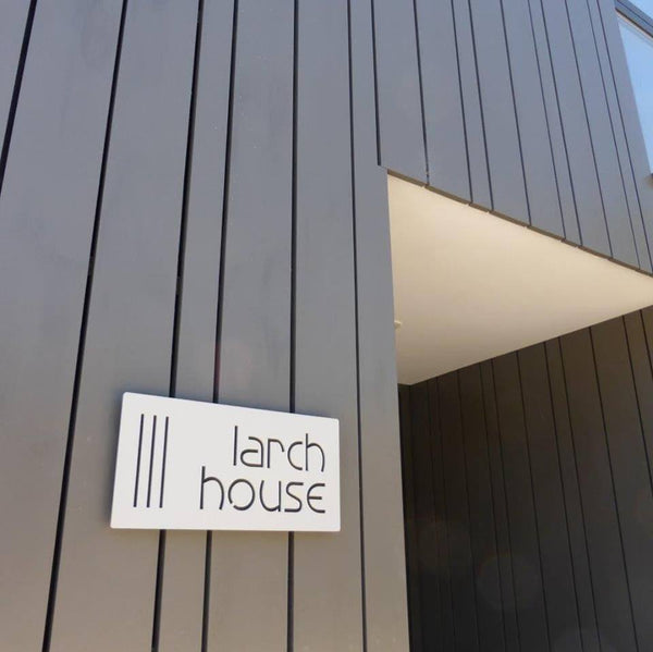 Modern House Name Sign on Grey larch barn conversion