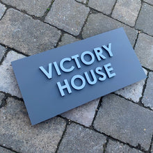 Laden Sie das Bild in den Galerie-Viewer, Modern Three-Dimensional 3D House Name Sign Slate Grey and Steel Effect Plaque