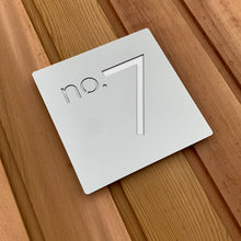 Load image into Gallery viewer, Brushed Metal Effect Modern Square House Number and Address Sign 20 cm x 20 cm - Kreativ Design Ltd 