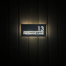 Afbeelding in Gallery-weergave laden, Illuminated LED Modern House Number Personalised Address Plaque 30 x 15cm - Kreativ Design Ltd 