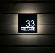 Laden Sie das Bild in den Galerie-Viewer, Illuminated Modern House Number Sign with Low voltage LED 20 x 20cm Address Plaque - Kreativ Design Ltd 