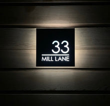 Afbeelding in Gallery-weergave laden, Illuminated Modern House Number Sign with Low voltage LED 20 x 20cm Address Plaque - Kreativ Design Ltd 