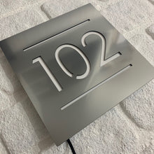 Afbeelding in Gallery-weergave laden, Illuminated Modern House Number Sign with Low voltage LED 20 x 20cm Address Plaque - Kreativ Design Ltd 
