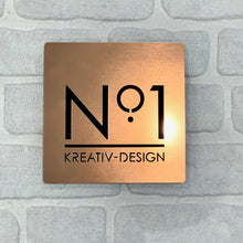 Load image into Gallery viewer, Brushed Metal Effect Modern Square House Number and Address Sign 20 cm x 20 cm - Kreativ Design Ltd 