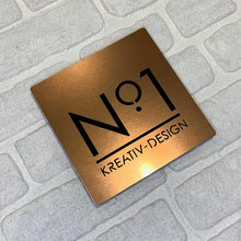 Load image into Gallery viewer, Brushed Metal Effect Modern Square House Number and Address Sign 20 cm x 20 cm - Kreativ Design Ltd 