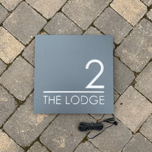 Charger l&#39;image dans la galerie, Large Illuminated Modern House Number Sign with Low voltage LED Bespoke Address Plaque 30 x 30 cm - Kreativ Design Ltd 