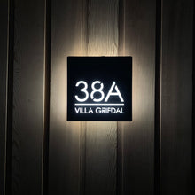 Load image into Gallery viewer, Illuminated Modern House Number Sign with Low voltage LED 20 x 20cm Address Plaque - Kreativ Design Ltd 