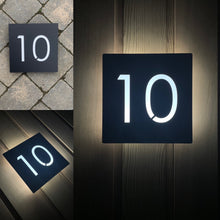 Afbeelding in Gallery-weergave laden, Large Illuminated Modern House Number Sign with Low voltage LED Bespoke Address Plaque 30 x 30 cm - Kreativ Design Ltd 