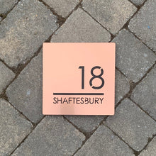 Load image into Gallery viewer, Brushed Metal Effect Modern Square House Number and Address Sign 20 cm x 20 cm - Kreativ Design Ltd 