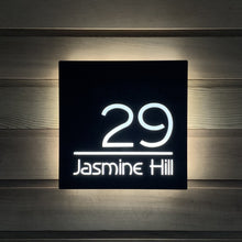 Charger l&#39;image dans la galerie, Large Illuminated Modern House Number Sign with Low voltage LED Bespoke Address Plaque 30 x 30 cm - Kreativ Design Ltd 