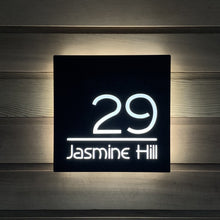 Afbeelding in Gallery-weergave laden, Large Illuminated Modern House Number Sign with Low voltage LED Bespoke Address Plaque 30 x 30 cm - Kreativ Design Ltd 