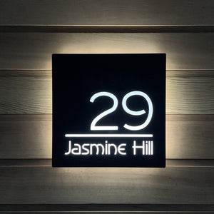 Large Illuminated Modern House Number Sign with Low voltage LED Bespoke Address Plaque 30 x 30 cm - Kreativ Design Ltd 
