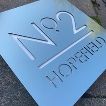 Afbeelding in Gallery-weergave laden, Brushed Metal Effect Modern Square House Number and Address Sign 20 cm x 20 cm - Kreativ Design Ltd 