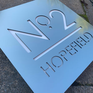 Brushed Metal Effect Modern Square House Number and Address Sign 20 cm x 20 cm - Kreativ Design Ltd 