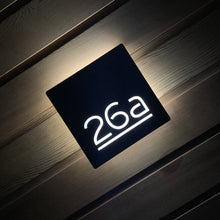 Laden Sie das Bild in den Galerie-Viewer, Illuminated Modern House Number Sign with Low voltage LED 20 x 20cm Address Plaque - Kreativ Design Ltd 