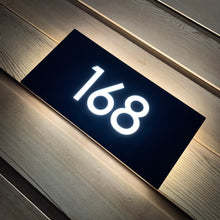 Laden Sie das Bild in den Galerie-Viewer, Illuminated LED Modern House Number Personalised Address Plaque 30 x 15cm - Kreativ Design Ltd 