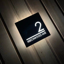 Carica l&#39;immagine nel visualizzatore di Gallery, Large Illuminated Modern House Number Sign with Low voltage LED Bespoke Address Plaque 30 x 30 cm - Kreativ Design Ltd 